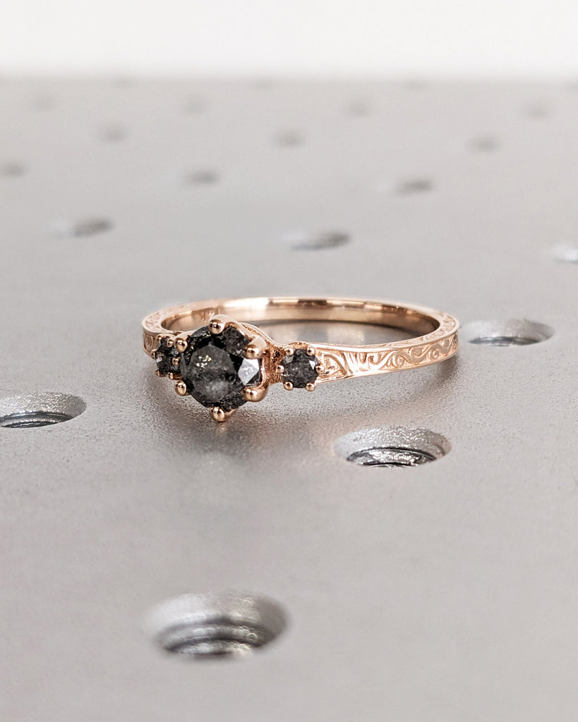 Raw Salt and Pepper Diamond Rose/White/Yellow/Black Gold Engagement Ring Art Deco 1920's Inspired Thin Petite Band 14k Unique Ring for Her