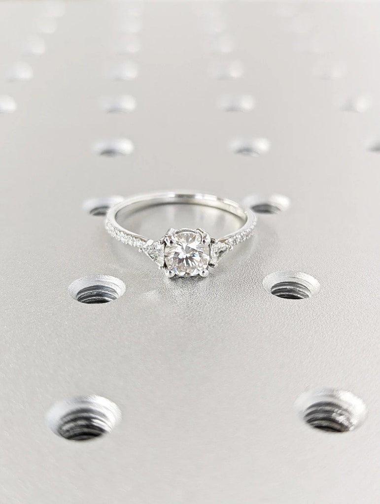 Multi Stone 1ct Round Lab Created Diamond, Triangle Moissanite Unique Proposal Ring for Her | 14K 18K White Gold Thin Diamond Eternity Band