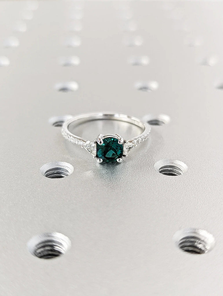 May Birthstone Lab Emerald 3 Stone Trilogy Unique Proposal Ring for Her | 14K 18K Gold Diamond Jewelry Art Deco Wedding Anniversary Gift