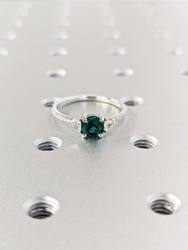 Round cut Green Lab Grown Emerald Women Engagement Cocktail Ring | Triangle Moissanite Eternity Proposal Ring | Solid White Gold, Platinum