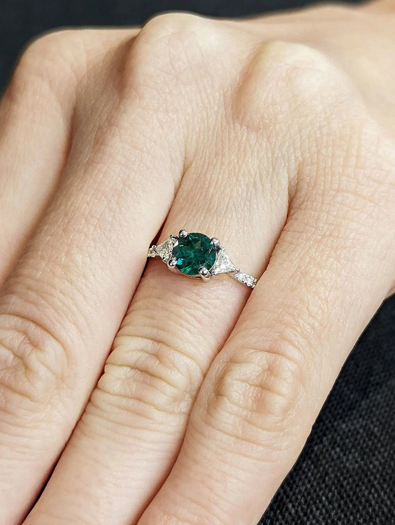 May Birthstone 1ct Round cut Lab Grown Emerald 3 Stone Trilogy Unique Proposal Ring for Her | Triangle, Round cut Diamond Half Eternity Band Anniversary Gift