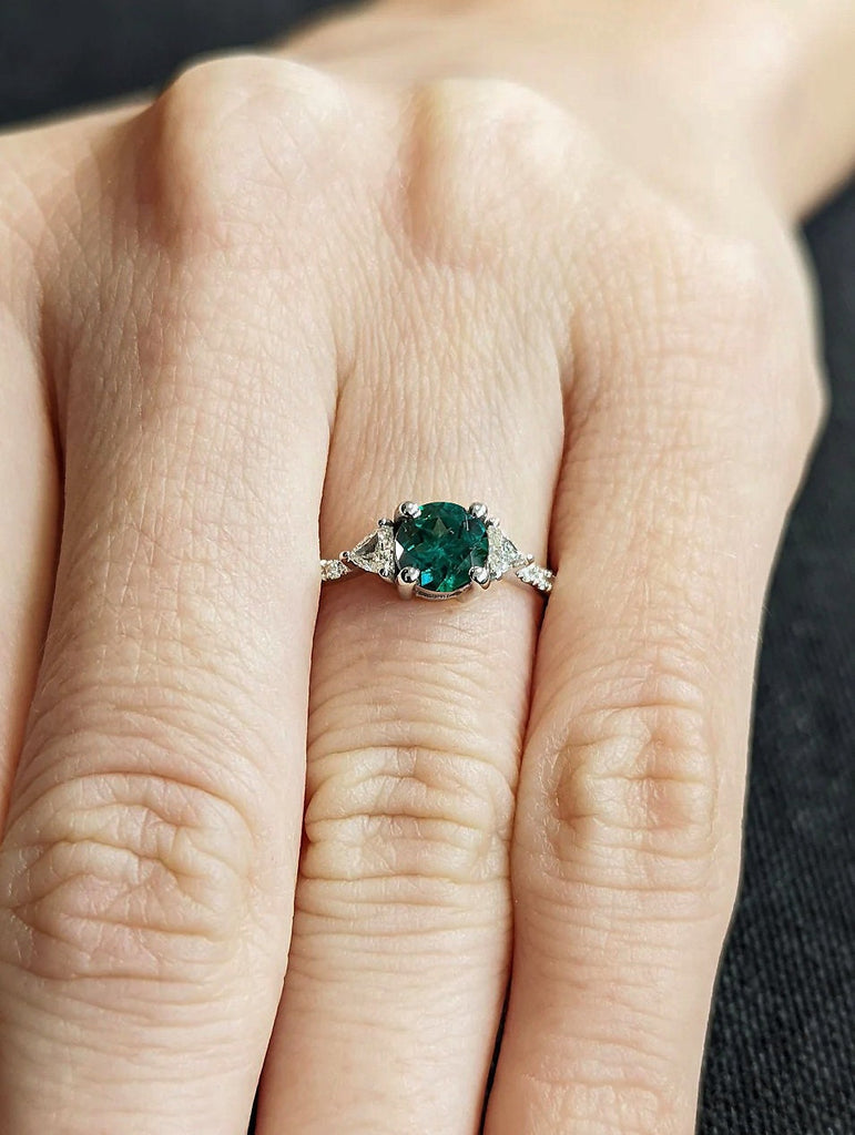 3 Stone Trinity Lab Emerald, Diamond, Moissanite Women Wedding Ring | 14k 18k Gold, Platinum Dainty Half Eternity Band | Alternative Bridal Jewelry