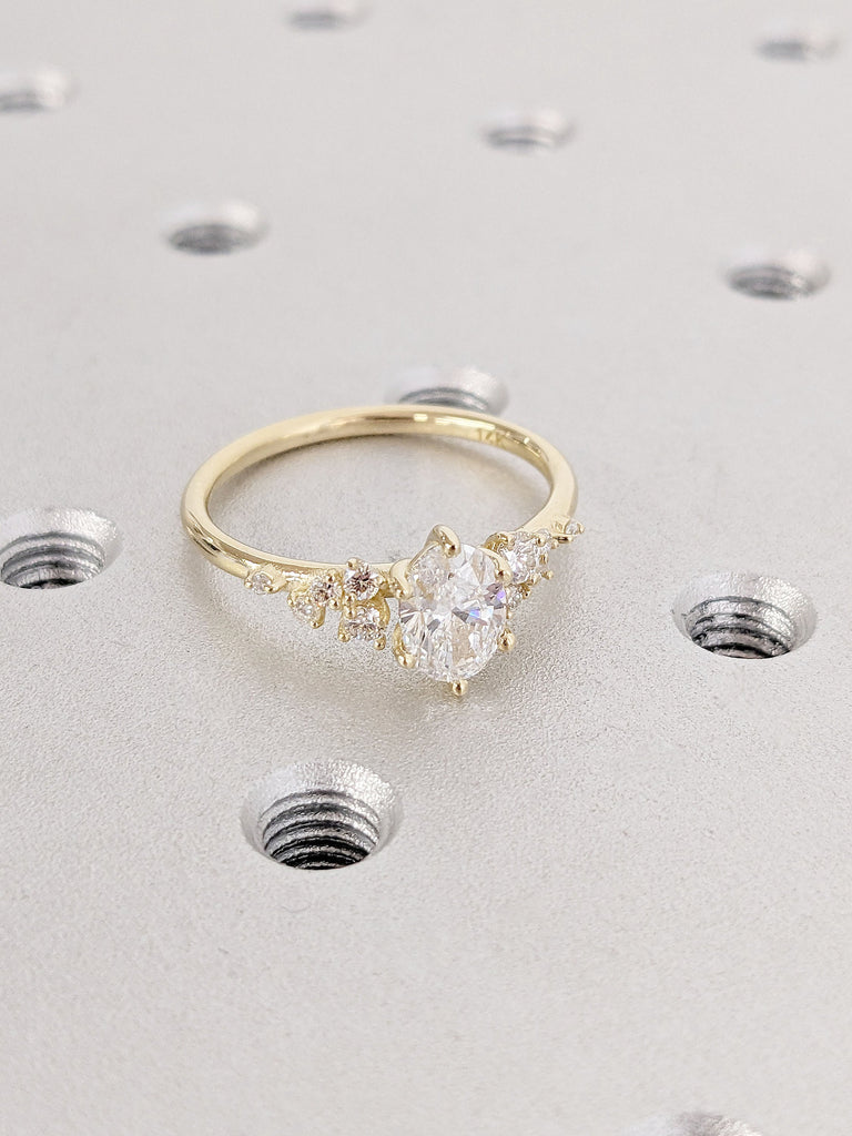 Round VVS Lab Grown Diamond 14K Yellow Gold Engagement Ring | Unique Snowdrift 6 Prong Diamond Cluster Proposal Ring | Wedding Ring for Her