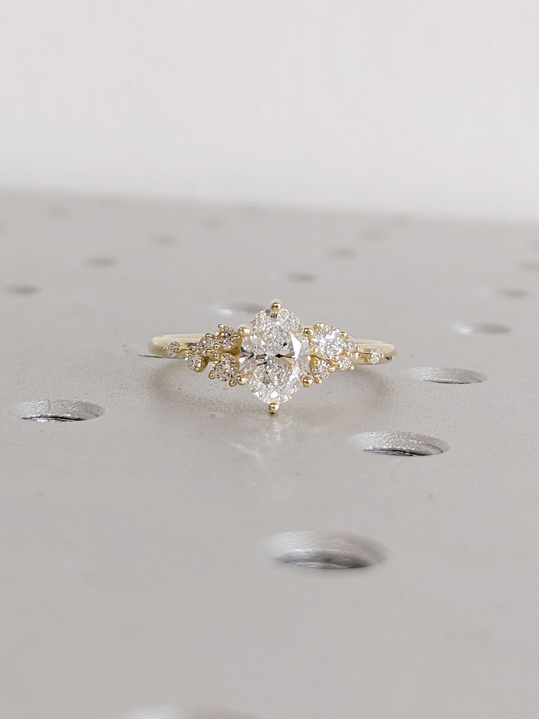 Oval Cut VVS Moissanite Art Deco Women Engagement Ring | 14K 18K Solid Gold Unique Snowdrift 6 Prongs Diamond Cluster Proposal Wedding Ring