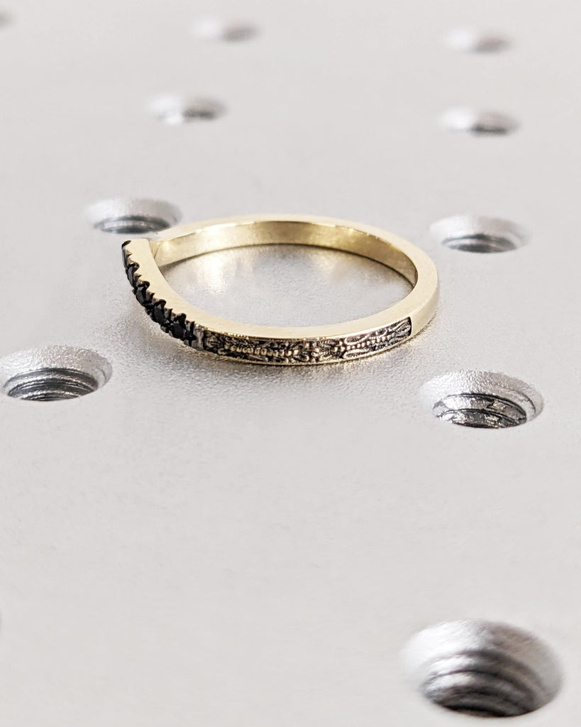 Black Diamond Wedding Band / Curved Wedding Band / Chevron V Ring / Solid Gold Stacking Ring / Vintage Filigree Matching Band Gift for Wife