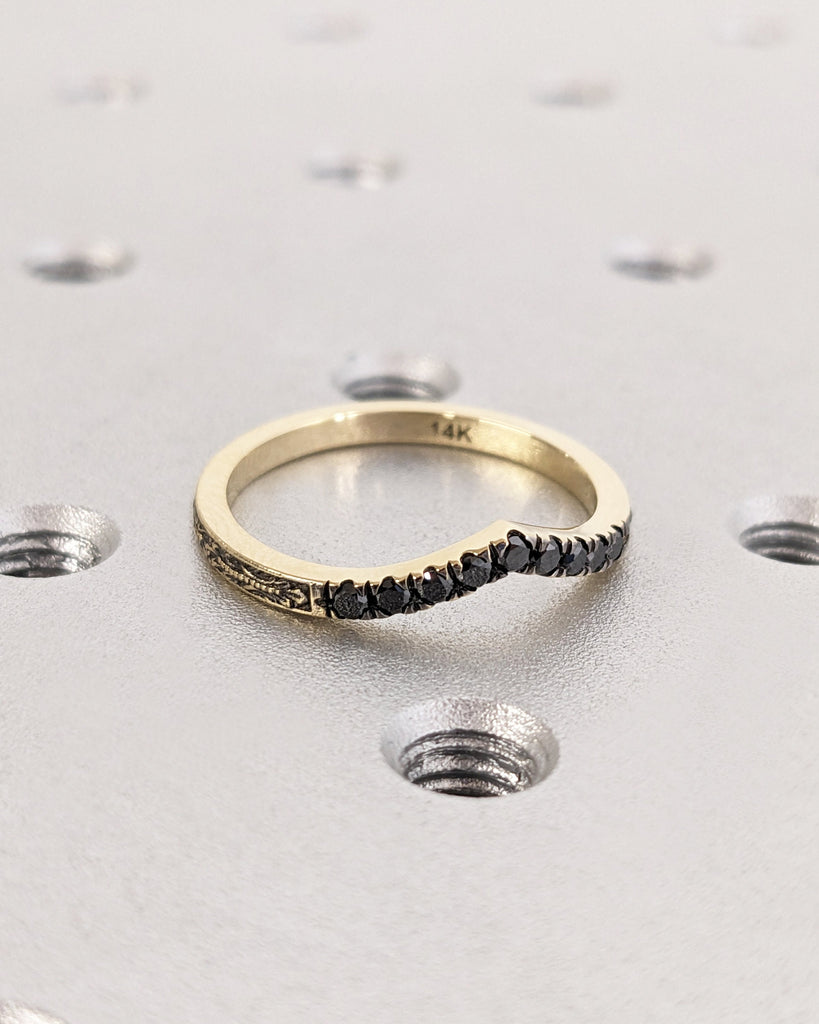 Black Diamond Wedding Band / Curved Wedding Band / Chevron V Ring / Solid Gold Stacking Ring / Vintage Filigree Matching Band Gift for Wife