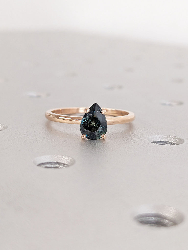 1ct Pear cut Tear Drop Peacock Sapphire Solitaire Promise Ring for Her | 14K 18K Rose Gold Simple Wedding Band