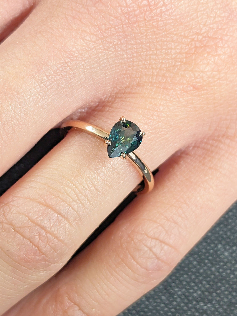 1ct Pear cut Natural Montana Teal Sapphire Solitaire Unique Proposal Ring for Her | 14K 18K Rose Gold Wedding Band