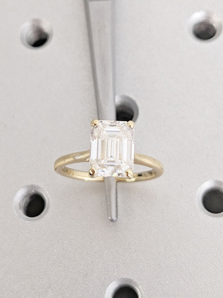 2.5ct Colorless Emerald cut Moissanite Solitaire Women Engagement Promise Ring | 14K Yellow Gold Thin Wedding Band | Personalized Bridal Jewelry