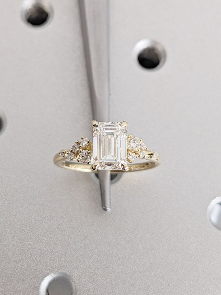 Emerald cut Lab Grown Diamond 14K Yellow Gold Women Engagement Ring | Unique Snowdrift Diamond Cluster Promise Ring | Wedding Ring for Her