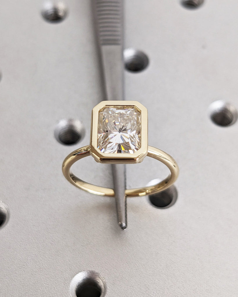 Radiant Cut Moissanite Solitaire Ring, 14K Real Gold Engagement Ring, Bezel Setting, Statement Ring, Gift For Her, Bridal Set, Eternity Band