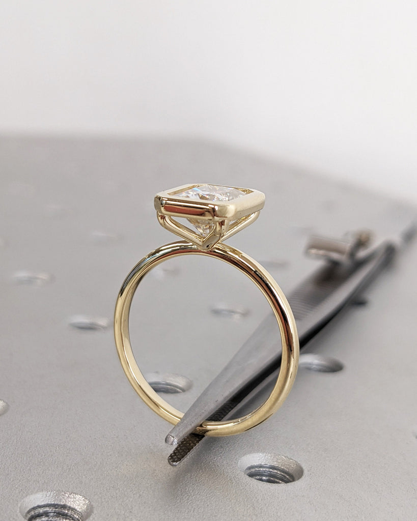 Radiant Cut Moissanite Solitaire Ring, 14K Real Gold Engagement Ring, Bezel Setting, Statement Ring, Gift For Her, Bridal Set, Eternity Band