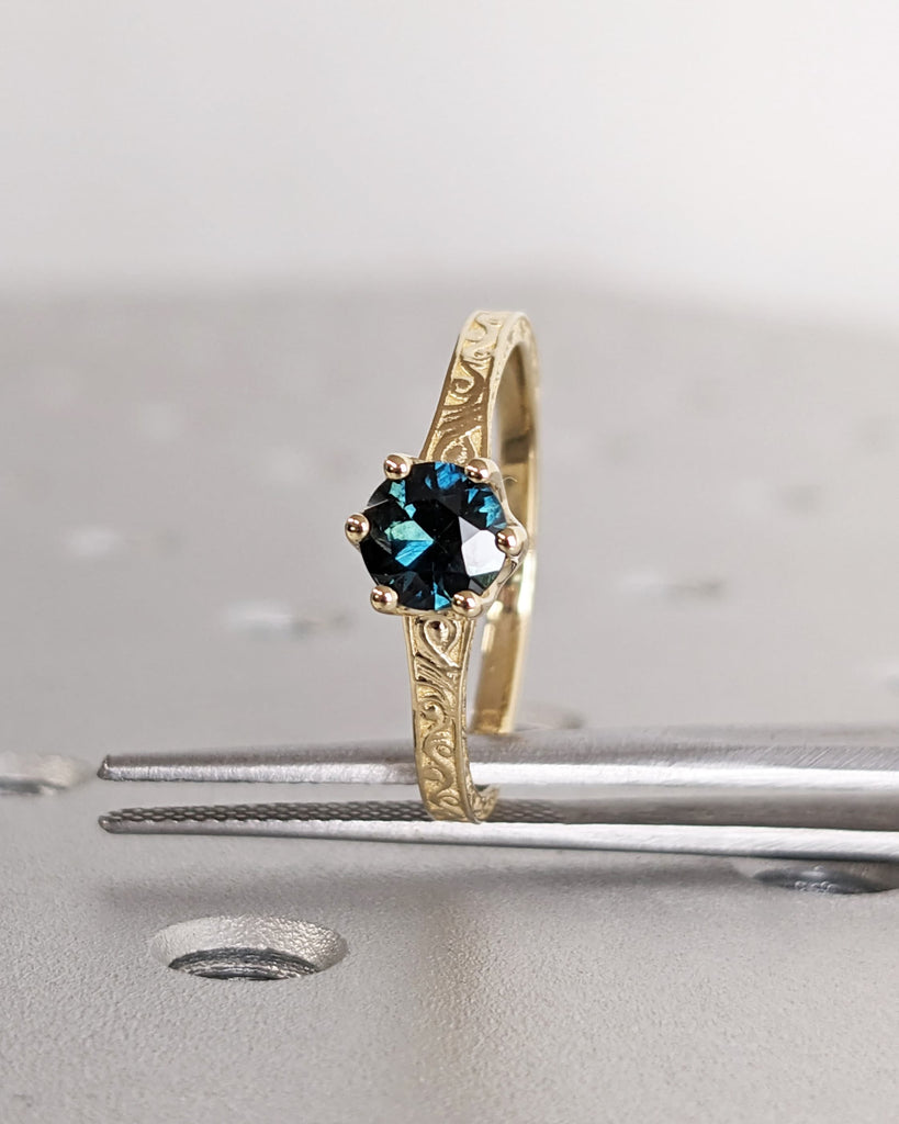 One of a Kind Montana Sapphire Ring, Blue Sapphire Diamond Cluster Ring, Vintage Inspired Blue Sapphire Engagement Ring, 14K Gold Green Teal