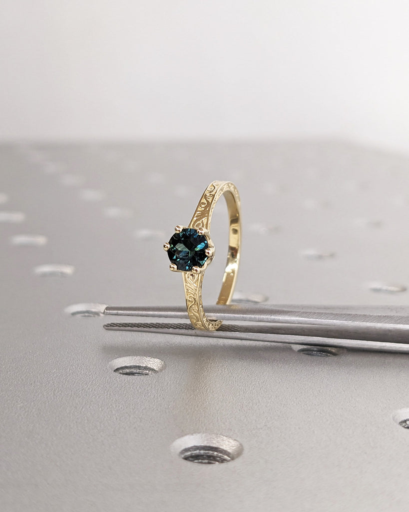 One of a Kind Montana Sapphire Ring, Blue Sapphire Diamond Cluster Ring, Vintage Inspired Blue Sapphire Engagement Ring, 14K Gold Green Teal