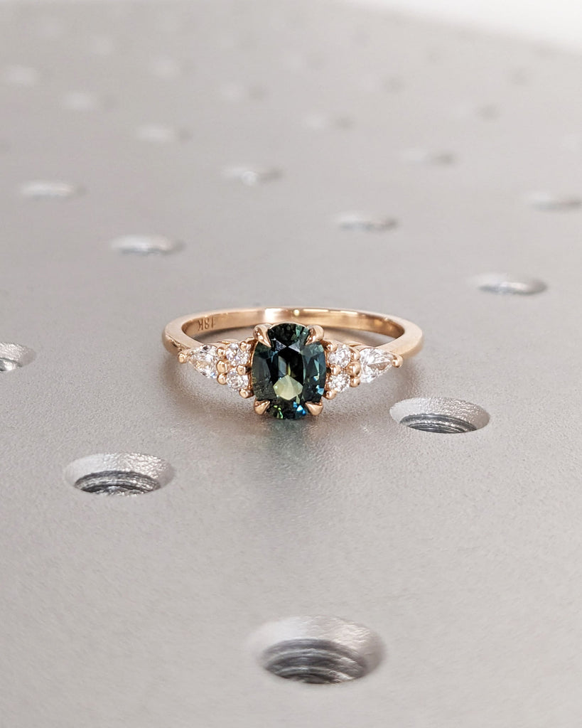 Blue Green Sapphire Ring. Peacock Engagement Ring. Oval Teal Sapphire Ring. Solid Rose Gold Engagement Ring. Cluster Diamond Ring. Art Deco.