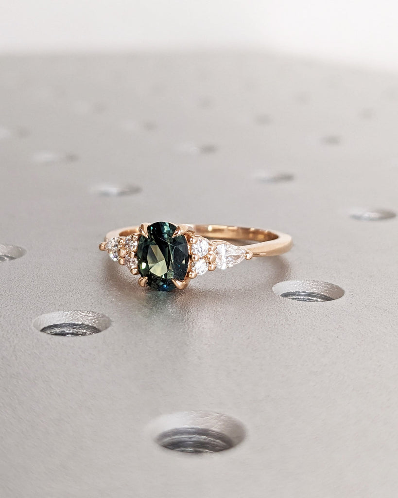 Blue Green Sapphire Ring. Peacock Engagement Ring. Oval Teal Sapphire Ring. Solid Rose Gold Engagement Ring. Cluster Diamond Ring. Art Deco.