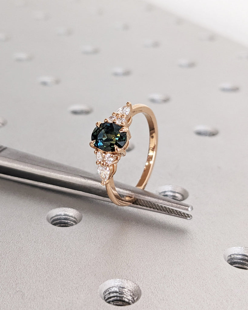 Blue Green Sapphire Ring. Peacock Engagement Ring. Oval Teal Sapphire Ring. Solid Rose Gold Engagement Ring. Cluster Diamond Ring. Art Deco.