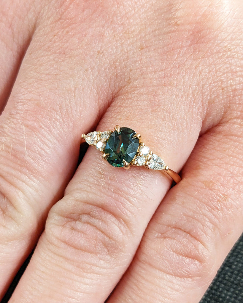 Blue Green Sapphire Ring. Peacock Engagement Ring. Oval Teal Sapphire Ring. Solid Rose Gold Engagement Ring. Cluster Diamond Ring. Art Deco.