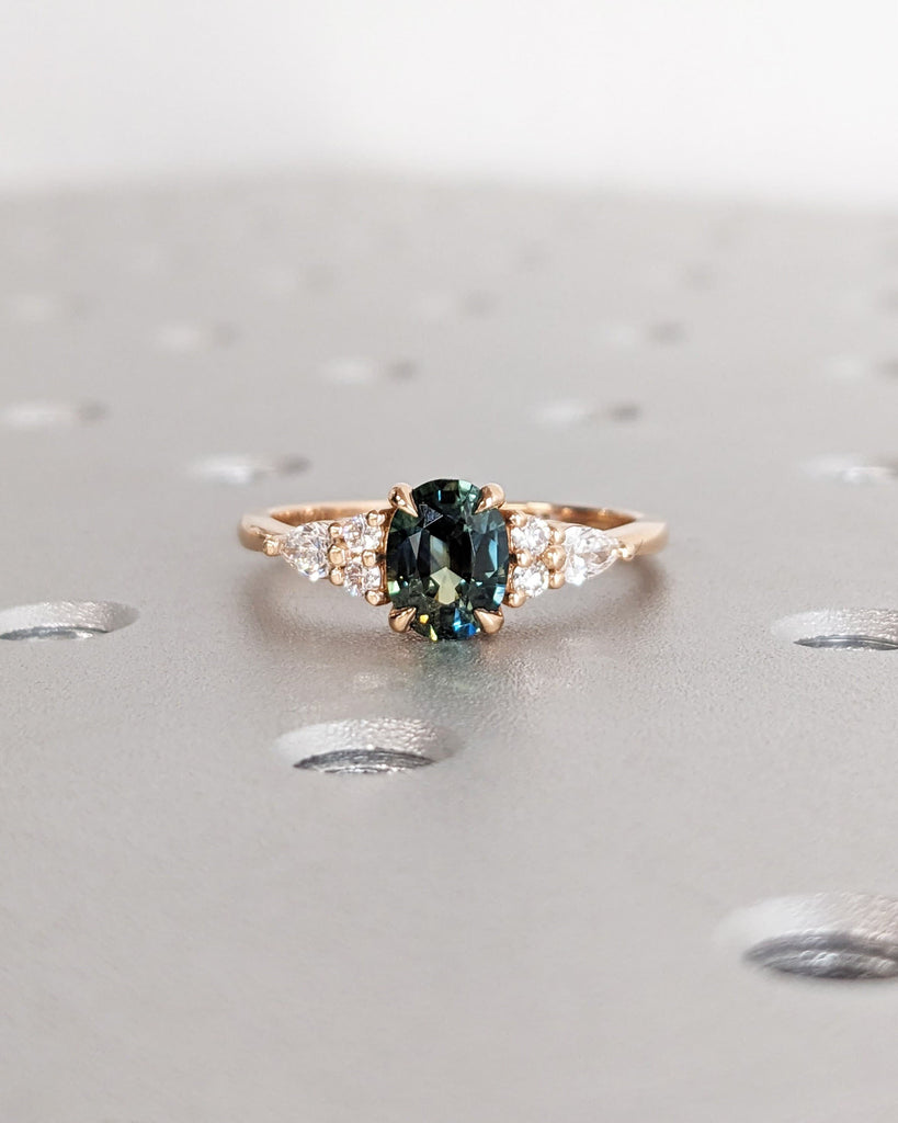 Blue Green Sapphire Ring. Peacock Engagement Ring. Oval Teal Sapphire Ring. Solid Rose Gold Engagement Ring. Cluster Diamond Ring. Art Deco.