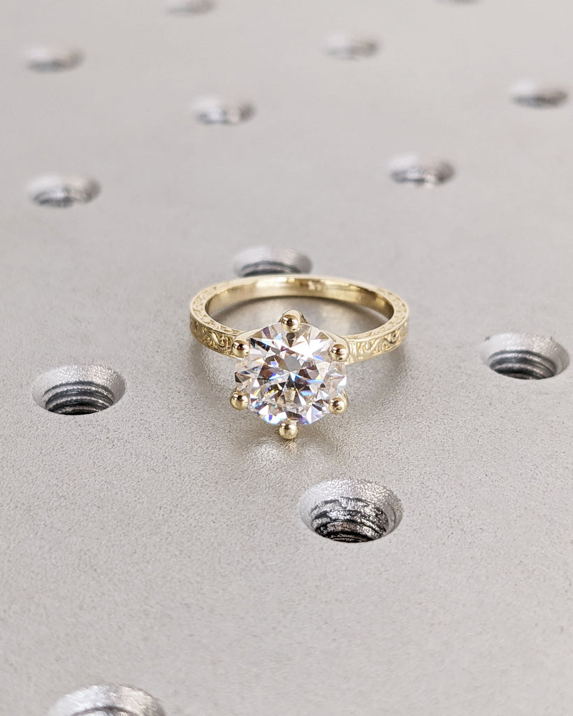 Round Moissanite Solitaire Vintage Inspired Engagement Ring | 14K Yellow Gold Filigree Engraving Wedding Band | Custom Unique Gift for Her