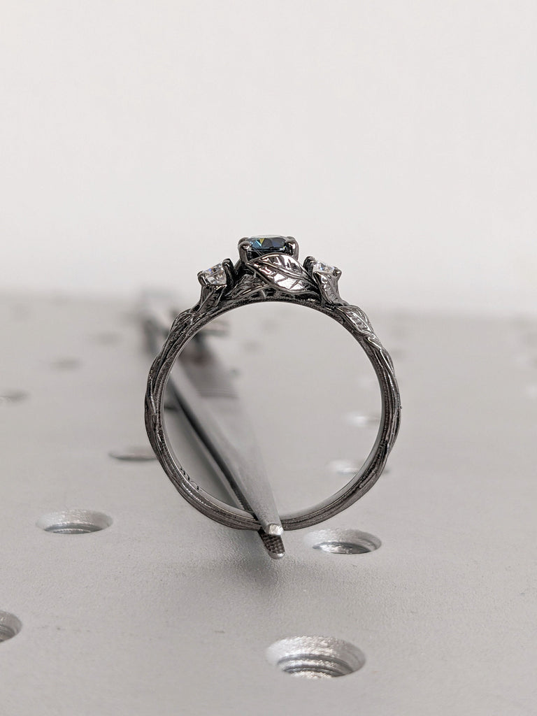 Rustic Twigs and Leafs 3 Stone Trinity Sapphire, Diamond Unique Proposal Ring for Her | 14K 18K Black Gold September Birthstone Ring | Alternative Bridal Jewelry