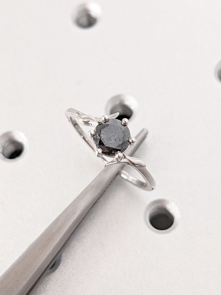 Nature Inspired Round cut Salt and Pepper Grey Diamond Women Engagement Cocktail Ring | 14K 18K White Gold Split Shank Thin Bridal Band