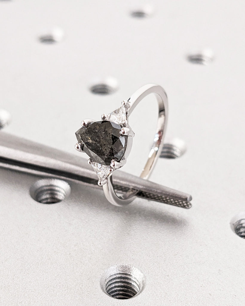 Raw Diamond Pear Triangle Diamond, Salt and Pepper, Unique Engagement Ring, Teardrop Shape Geometric Diamond Ring, 14k Gold, Custom Handmade