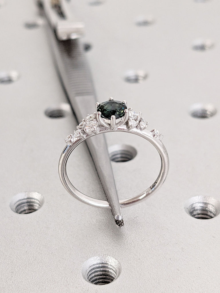 White Gold Green Sapphire Bridal Wedding Anniversary Ring | Multi Diamond Cluster Women Proposal Ring | Dainty Moissanite Promise Ring