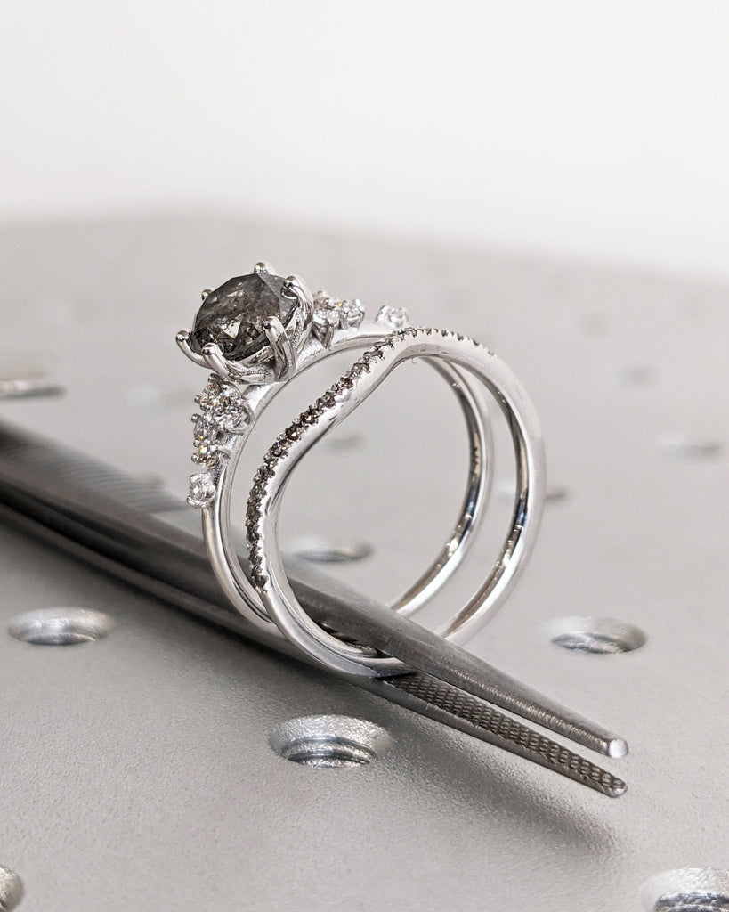 Salt and Pepper Ring Set, Handmade Diamond Ring Set, Snowdrift Cluster, Six Prong Wedding Ring, Round Salt and Pepper Diamond Ring, Art Deco