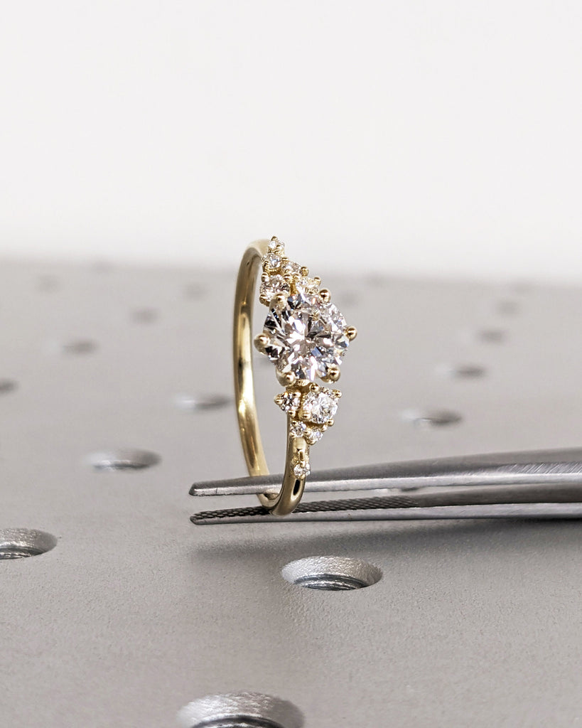 Round Lab Grown Diamond Gold or Platinum Engagement Ring | Unique Snowdrift 6 Prong Diamond Cluster Promise Ring | Wedding Ring for Women