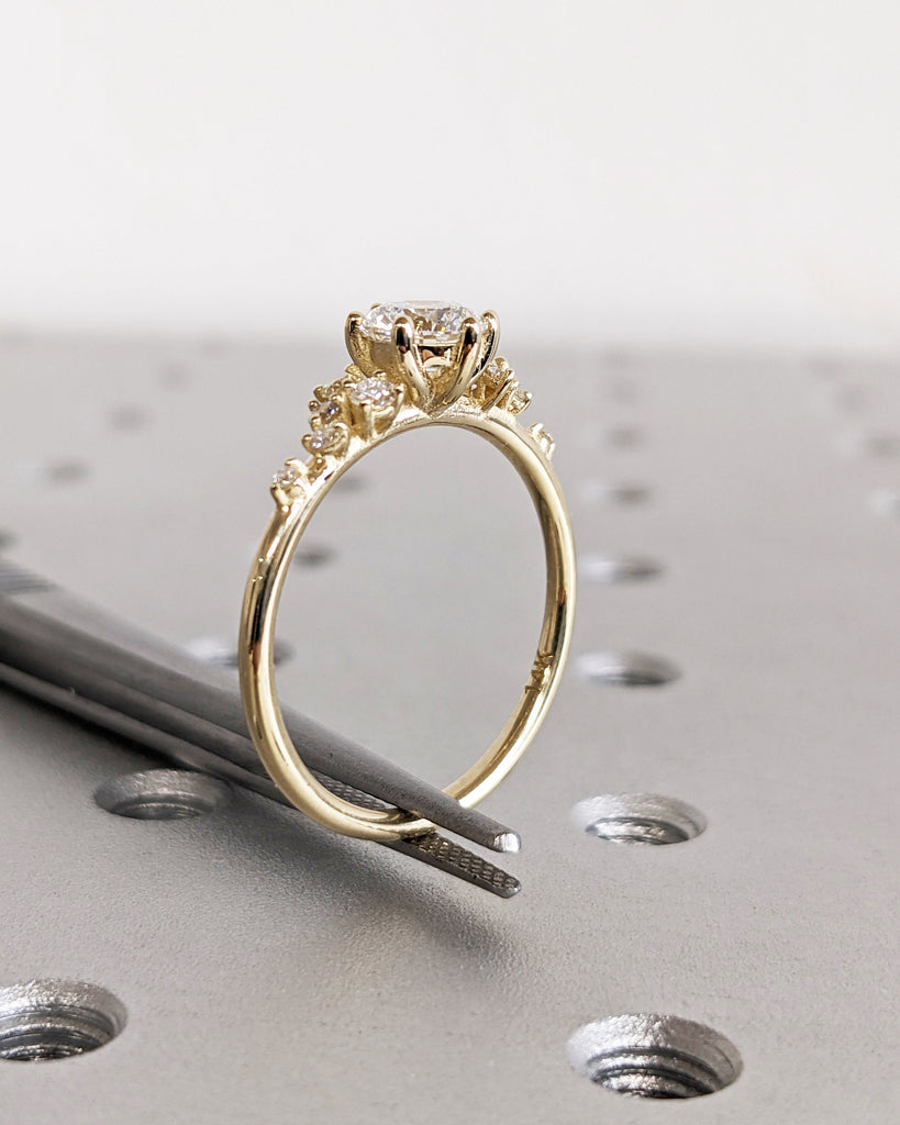 Round Lab Grown Diamond Gold or Platinum Engagement Ring | Unique Snowdrift 6 Prong Diamond Cluster Promise Ring | Wedding Ring for Women
