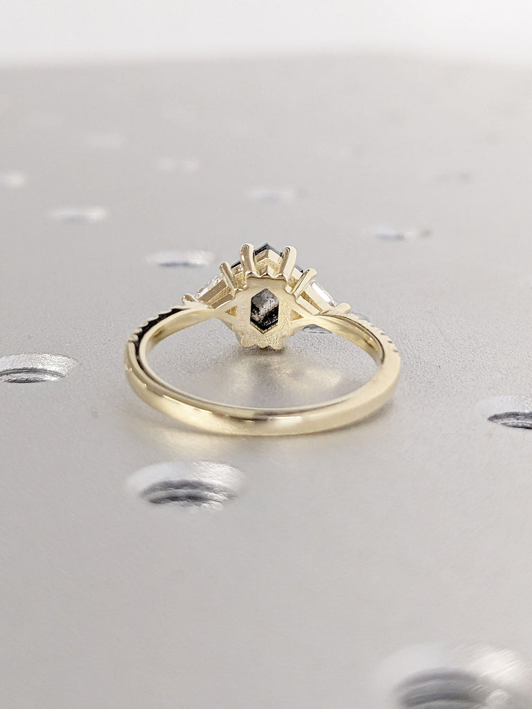 Natural Salt and Pepper Black Diamond Unique Proposal Solitaire Ring for Her | Triangle Shape Moissanite Solid Gold Half Eternity Band