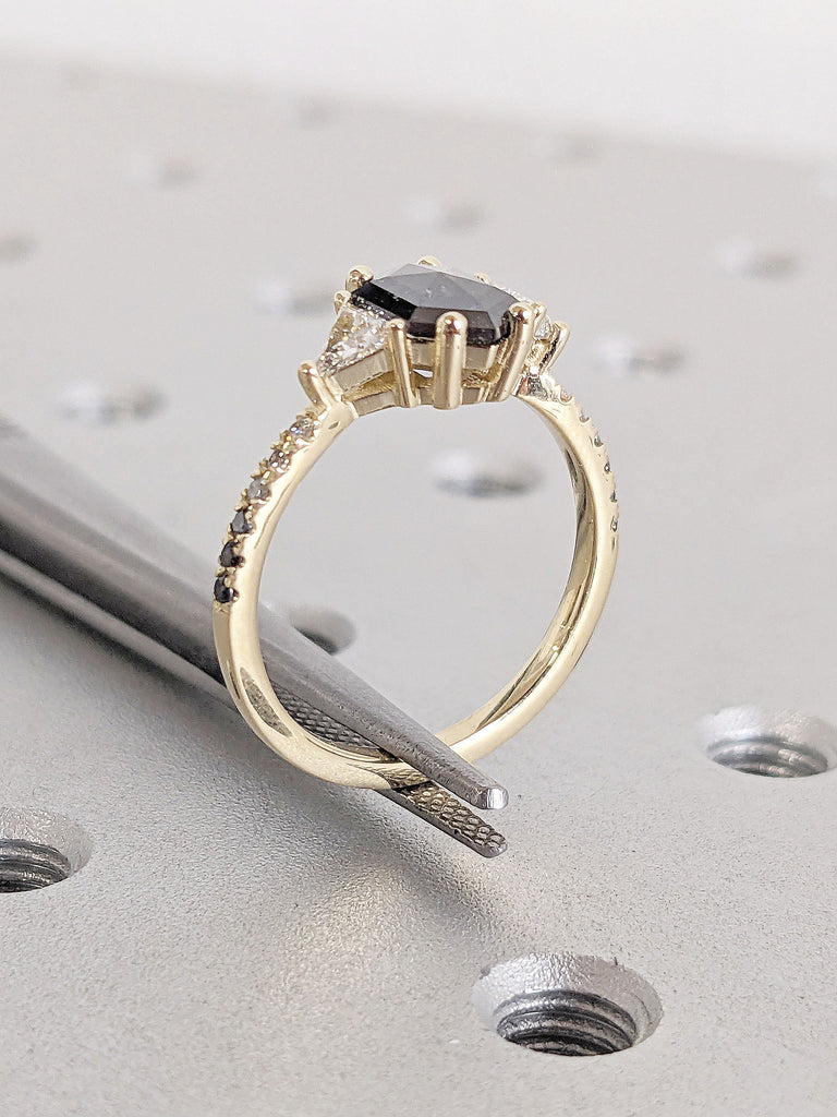 Natural Salt and Pepper Black Diamond Unique Proposal Solitaire Ring for Her | Triangle Shape Moissanite Solid Gold Half Eternity Band