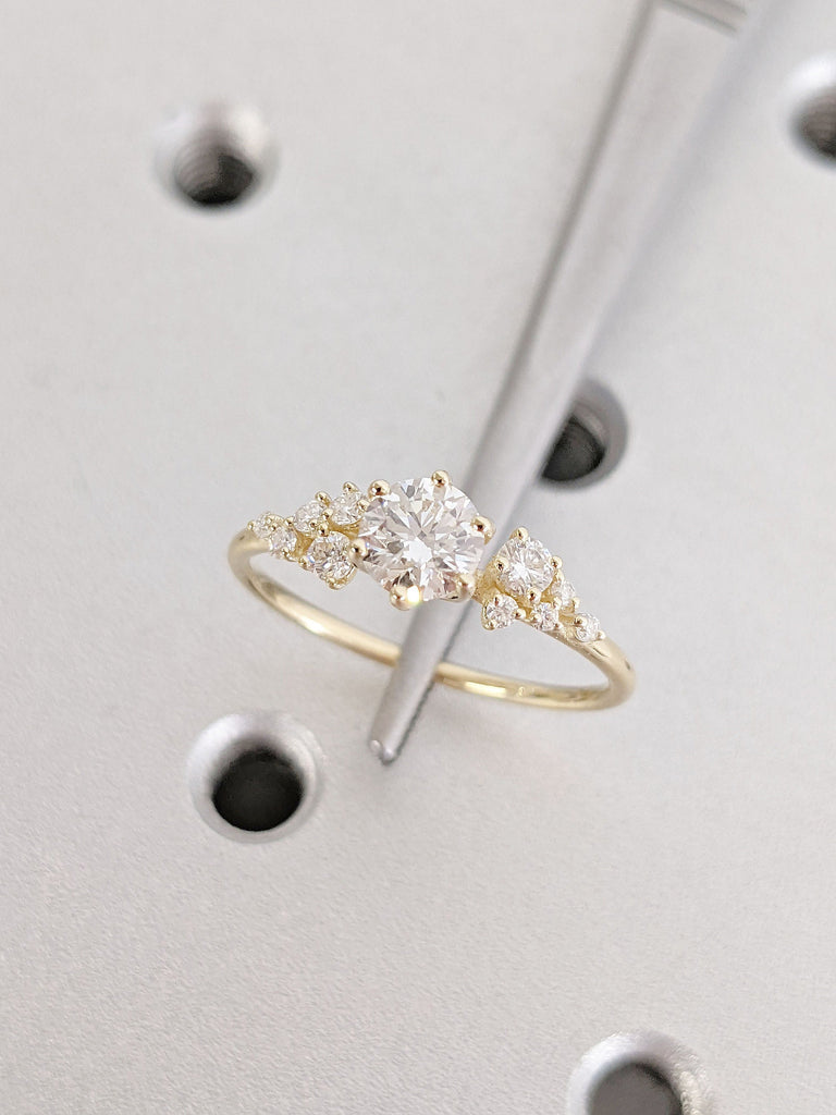 14K Yellow Gold Round CVD Lab Grown Diamond Cluster Women Engagement Ring | Unique Snowdrift Art Deco Promise Ring | Personalized Jewelry