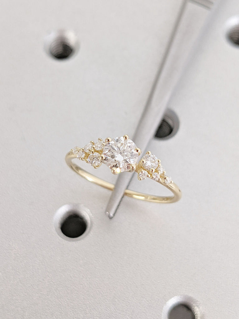 Round cut Colorless Moissanite Engagement Promise Ring for Her | 14K 18K Yellow Gold Snowdrift Diamond Cluster Ring | Alternative Jewelry