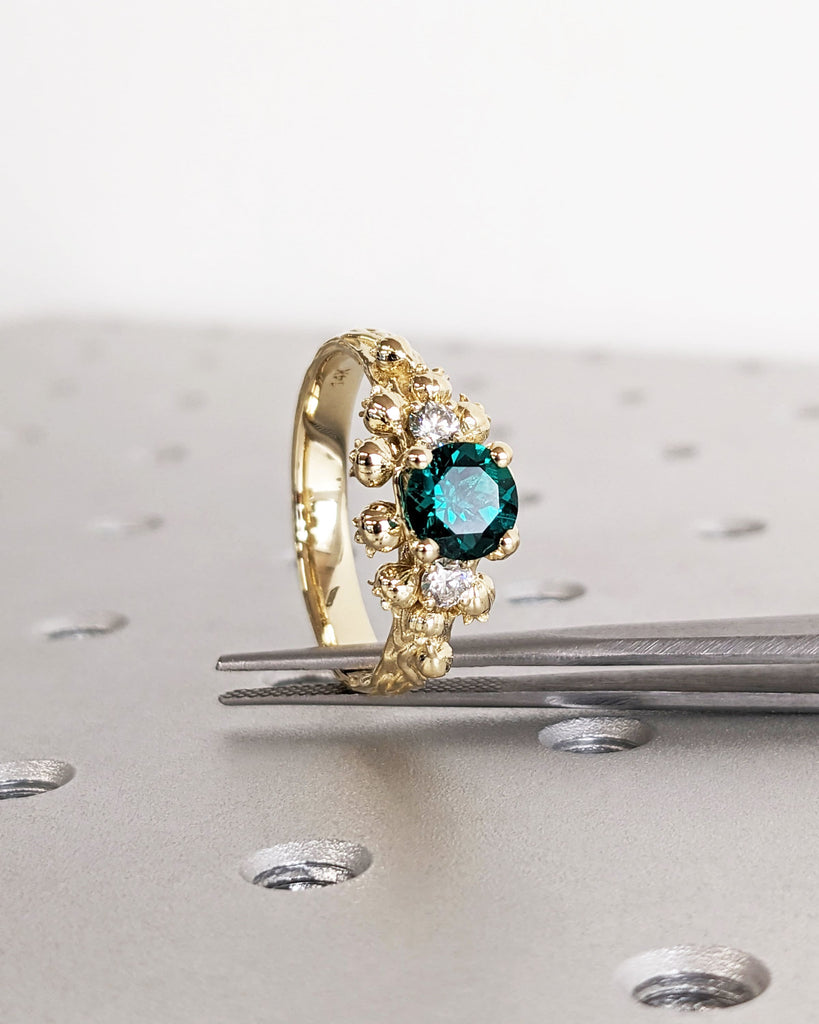Art Nouveau Lab Emerald Engagement Ring, 14K Solid Yellow Gold Round Cut Lab Emerald Ring, Lily of the Valley White Diamond Wedding Band
