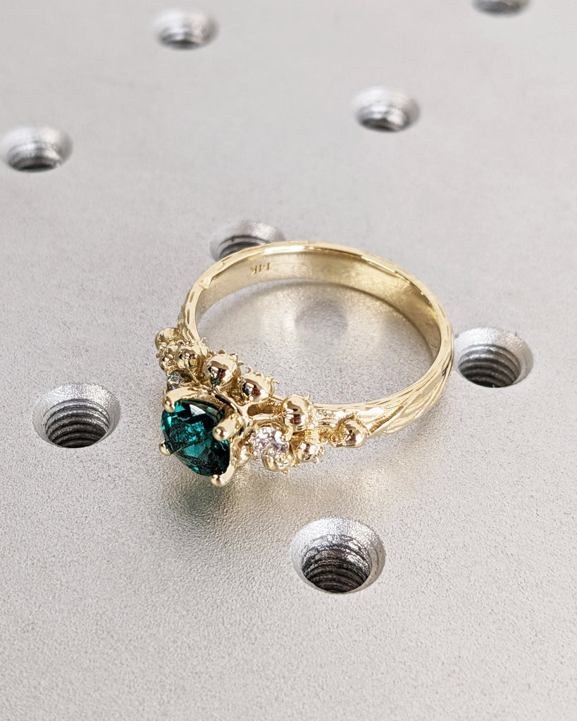 Art Nouveau Lab Emerald Engagement Ring, 14K Solid Yellow Gold Round Cut Lab Emerald Ring, Lily of the Valley White Diamond Wedding Band image #3