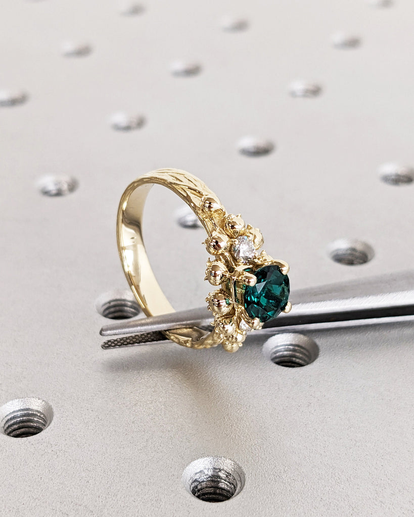 Art Nouveau Lab Emerald Engagement Ring, 14K Solid Yellow Gold Round Cut Lab Emerald Ring, Lily of the Valley White Diamond Wedding Band