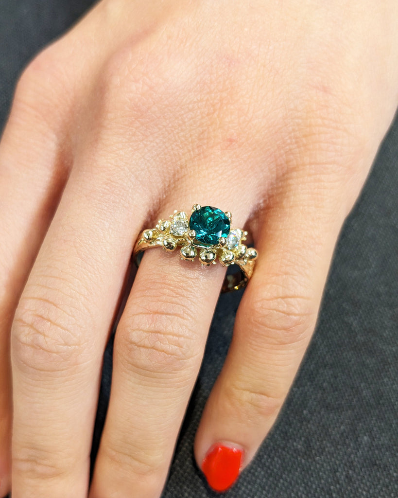 Art Nouveau Lab Emerald Engagement Ring, 14K Solid Yellow Gold Round Cut Lab Emerald Ring, Lily of the Valley White Diamond Wedding Band