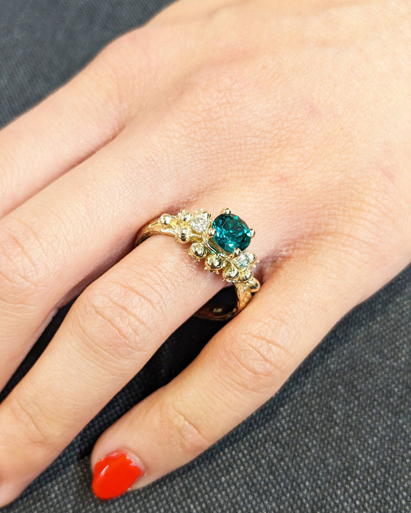 Art Nouveau Lab Emerald Engagement Ring, 14K Solid Yellow Gold Round Cut Lab Emerald Ring, Lily of the Valley White Diamond Wedding Band