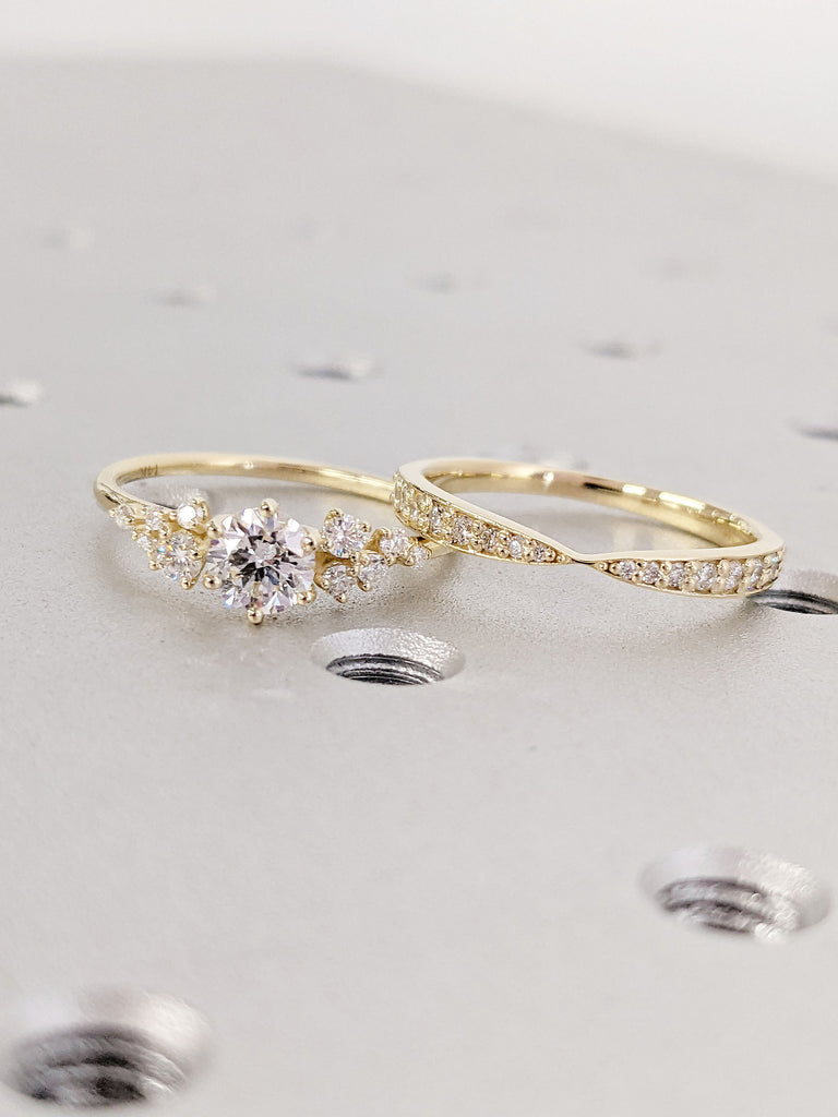 Round cut Lab Grown Diamond Engagement Anniversary Ring for Her | 14K Yellow Gold Moissanite Stacking Ring | Unique Snowdrift Proposal Ring