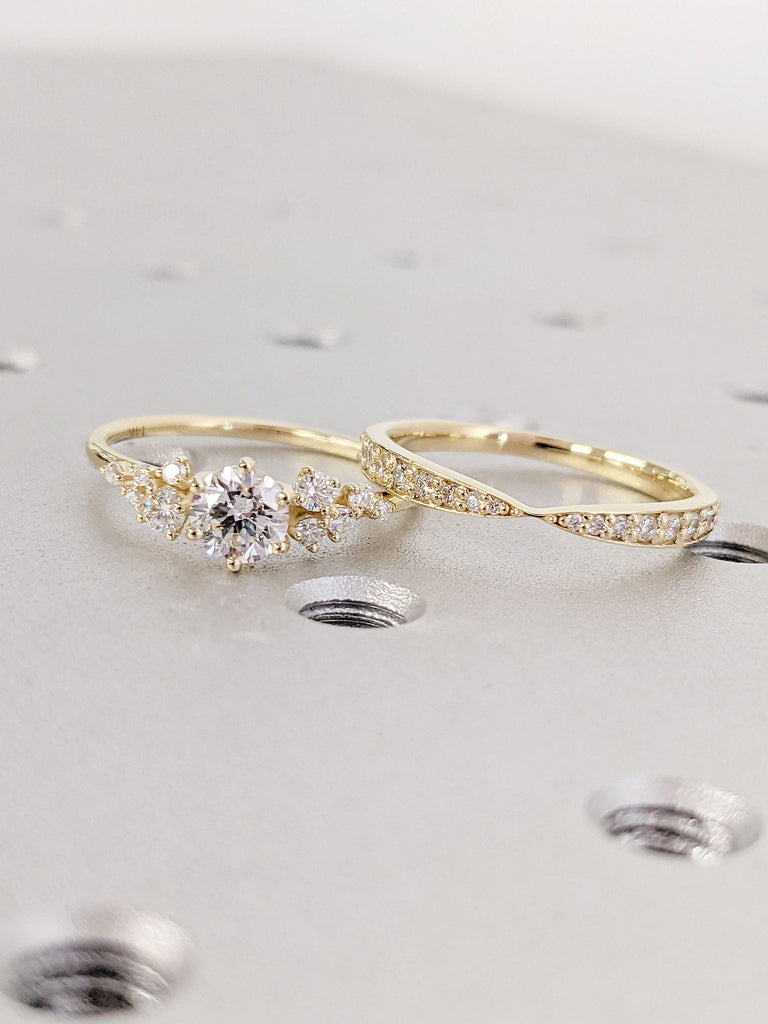 0.5ct Round cut Lab Created Diamond Women Engagement Anniversary Ring Set | 14K 18K Yellow Gold Bow Tie Paved Diamond Matching Curve Wedding Band