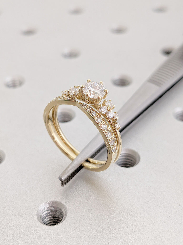 Round cut Lab Grown Diamond Engagement Anniversary Ring for Her | 14K Yellow Gold Moissanite Stacking Ring | Unique Snowdrift Proposal Ring