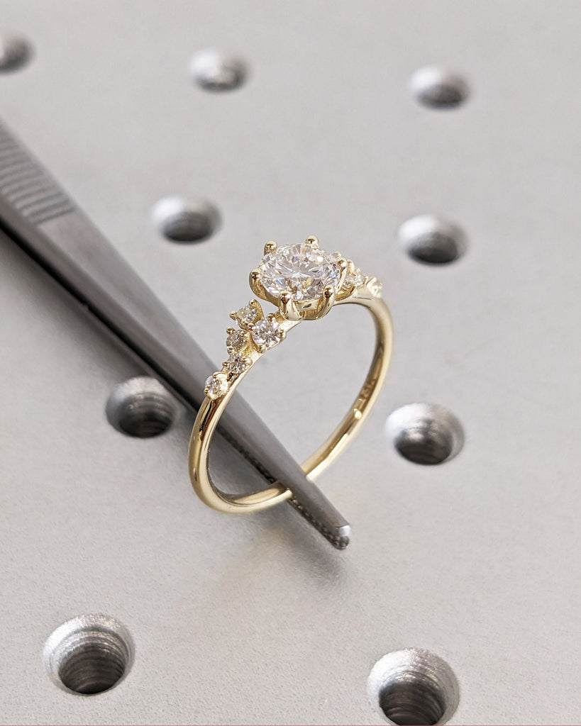 Round Lab Grown Diamond Gold or Platinum Engagement Ring | Unique Snowdrift 6 Prong Diamond Cluster Promise Ring | Wedding Ring for Women