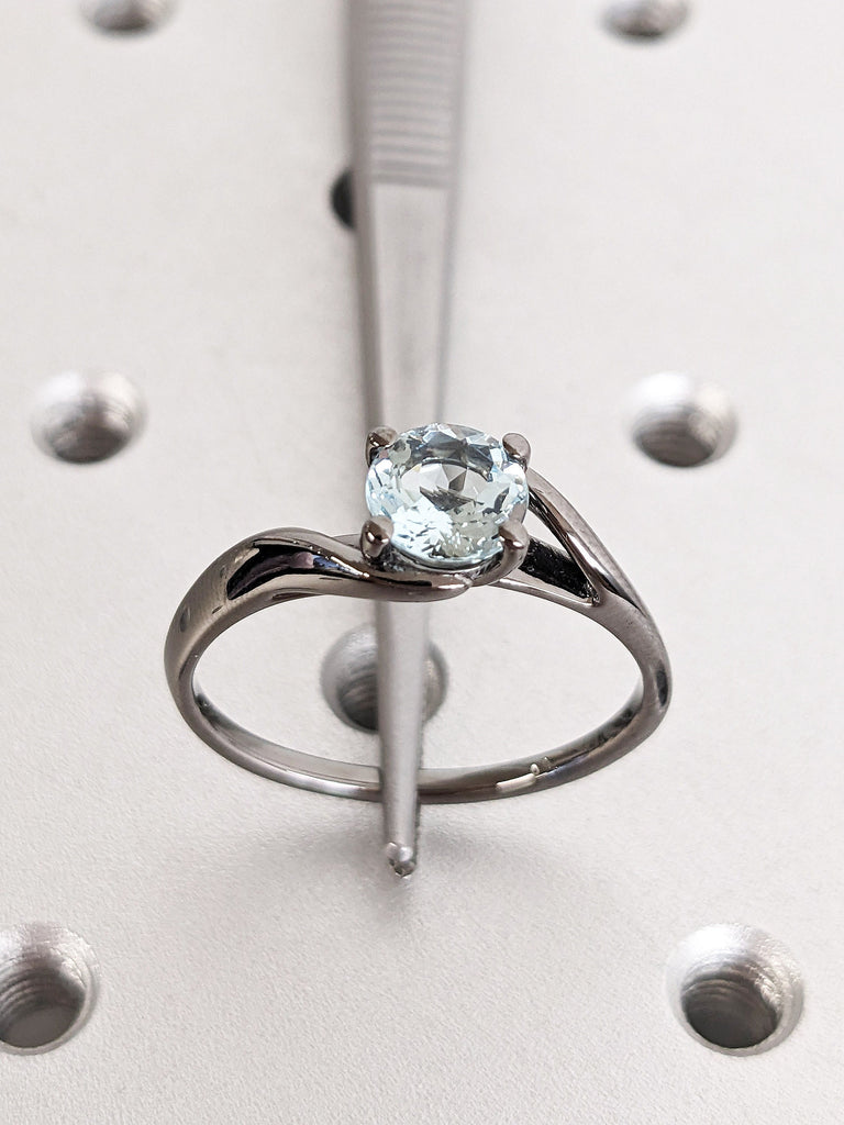 Round Lab Aquamarine Vintage Engagement Ring | 14K Black Gold Bypass Ring | Light Blue Gemstone Twisted Bridal Ring | Unique Gothic Jewelry