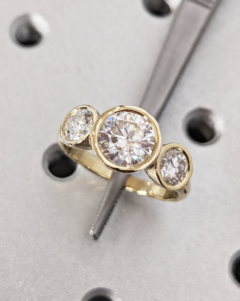 Three Stone Engagement Ring 14K/18k Yellow Gold Bridal | Past Present Future Ring | Bezel set Moissanite Engagement Ring | Three stone Moissanite Ring