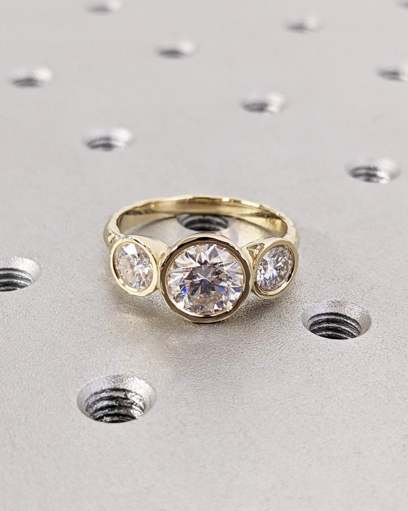 Three Stone Moissanite Engagement Ring 14K Yellow Gold Bridal | Past Present Future Ring | Bezel set Wedding Ring | 3 Stone Diamond Ring