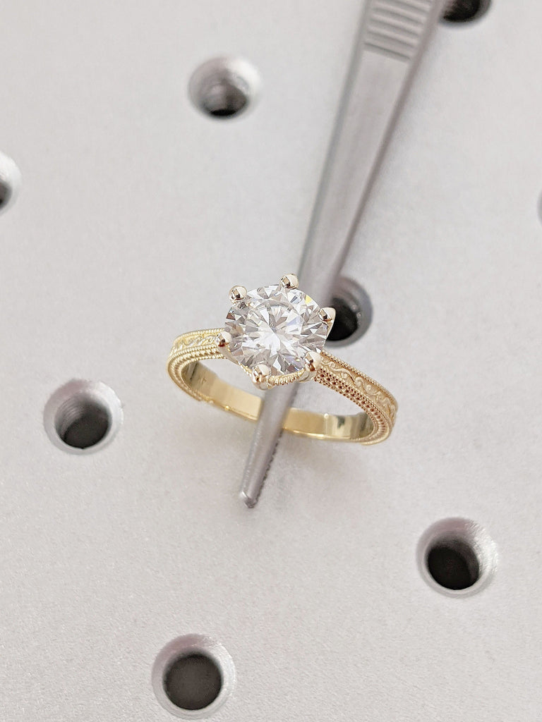 1 Carat Lab Grown Diamond Milgrain and Vine Engagement Ring, Whimsical Vintage Wedding Ring, Solitaire Engagement Ring, Handcrafted Botanical Garden Rings