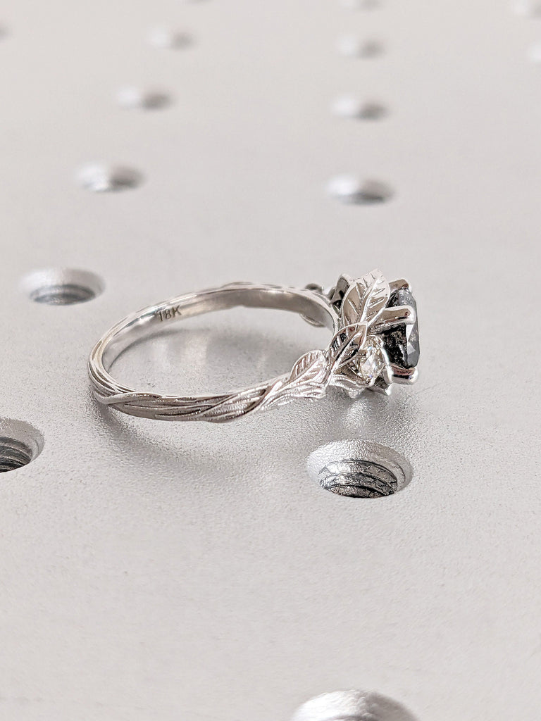 3 Stone Natural Salt and Pepper Black Diamond Unique Rustic Proposal Ring | 14K 18K White Gold Twigs, Leaf Floral Wedding Band For Wife