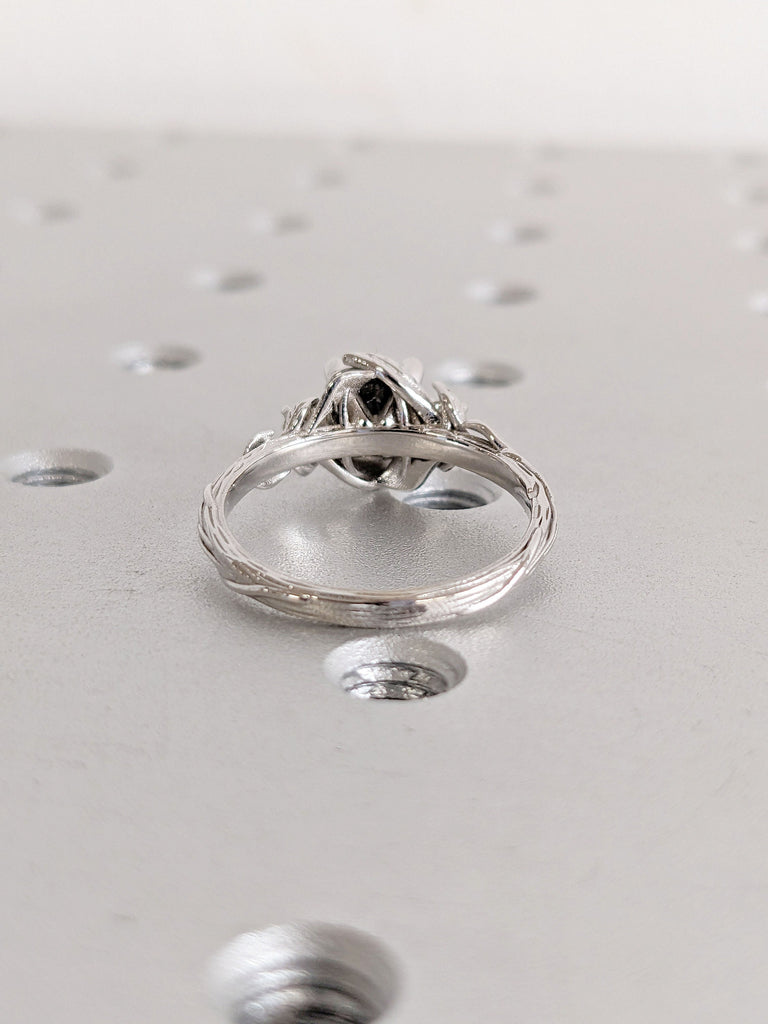 3 Stone Natural Salt and Pepper Black Diamond Unique Rustic Proposal Ring | 14K 18K White Gold Twigs, Leaf Floral Wedding Band For Wife